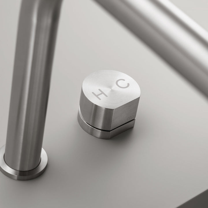 Two Hole Mixers With Pull Out Hand Shower Two-hole mixer with swivelling spout and pull-out Delrin® hand shower. Removable spout for under-window installation