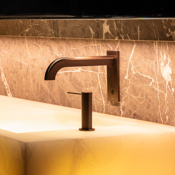 Infrared Taps And Sensors Wall mounted spout, L. max. 245 mm, with IP67 waterproof infrared presence sensor, temperature regulation through a remote manual mixing cartridge