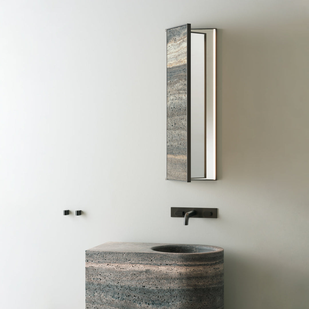 Mirrors Extra clear mirror H. 900 mm with folding opening and marble front, front lighting, stainless steel fixing structure. Complete with 3000K light LED and transformer 24V