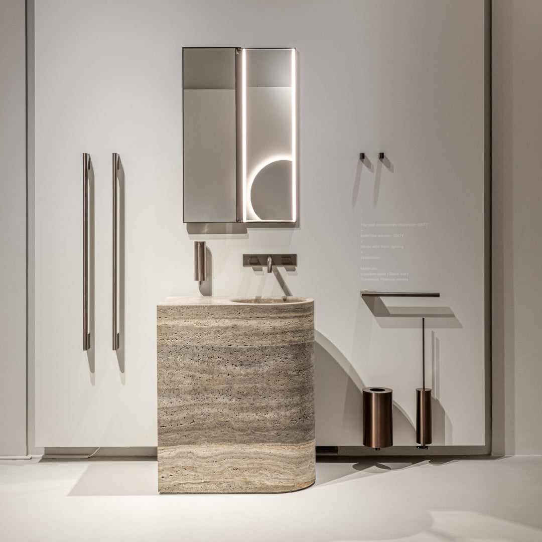 Mirrors Extra clear mirror H. 900 mm with folding opening and marble front, front lighting, stainless steel fixing structure. Complete with 3000K light LED and transformer 24V