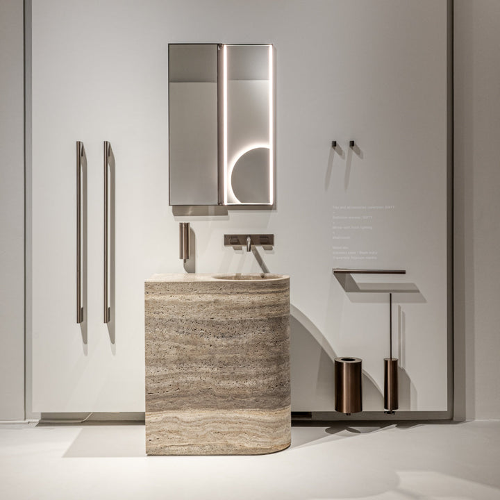 Mirrors Extra clear mirror H. 900 mm with folding opening and marble front, front lighting, stainless steel fixing structure. Complete with 3000K light LED and transformer 24V