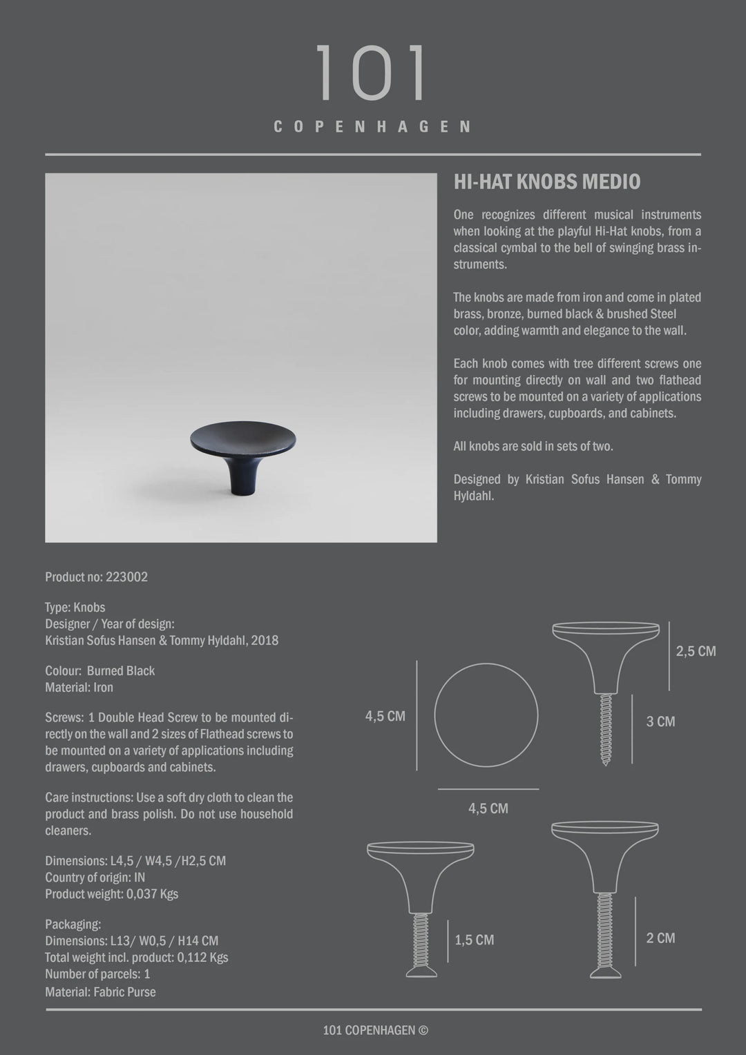 HiHat Knobs, Medio - Burned Black Knobs 101 Copenhagen   