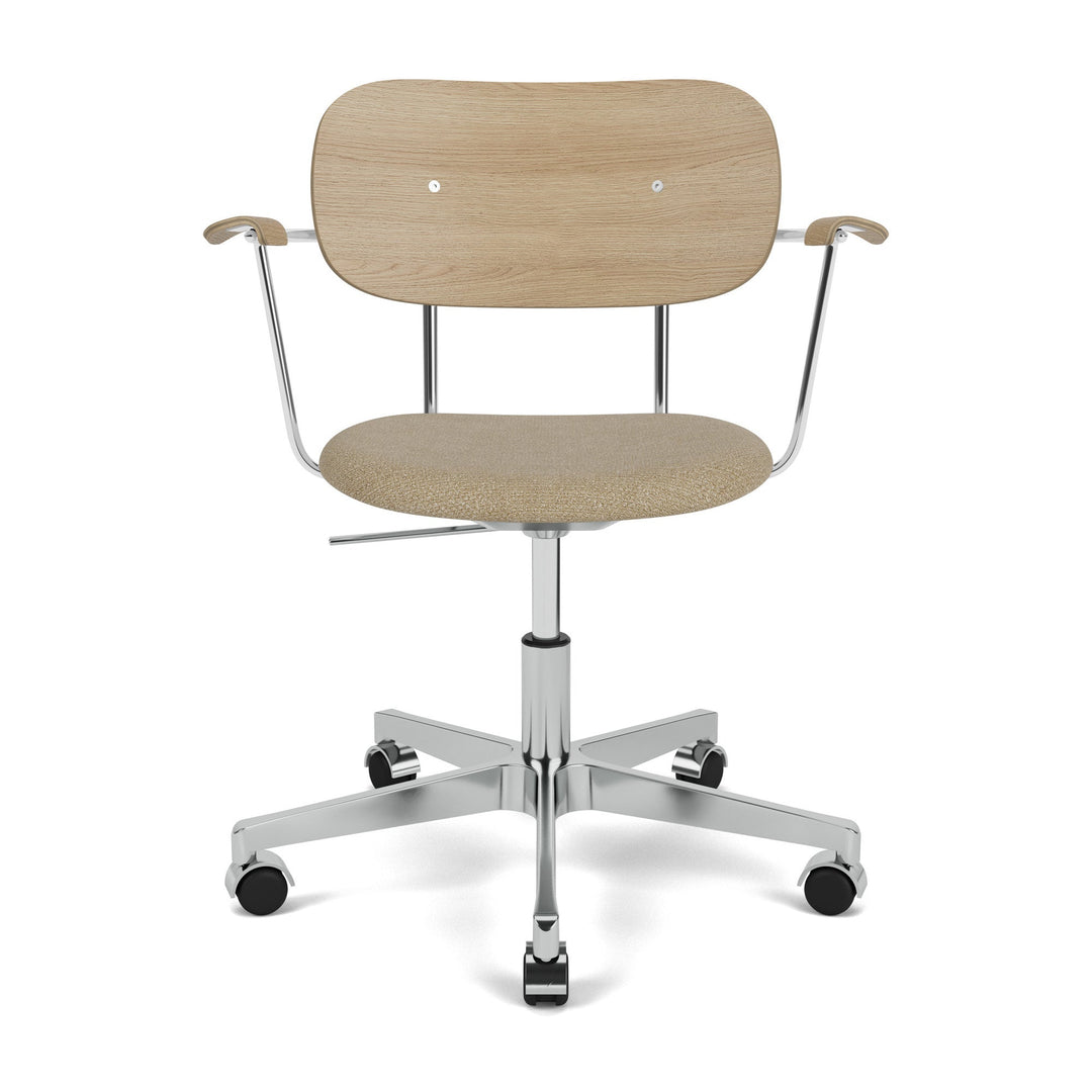 Co Seat Upholstered Task Chair with Armrest Chairs Audo Copenhagen 02 - Audo Boucle Beige / Polished Aluminum with Natural Oak Arm and Back
