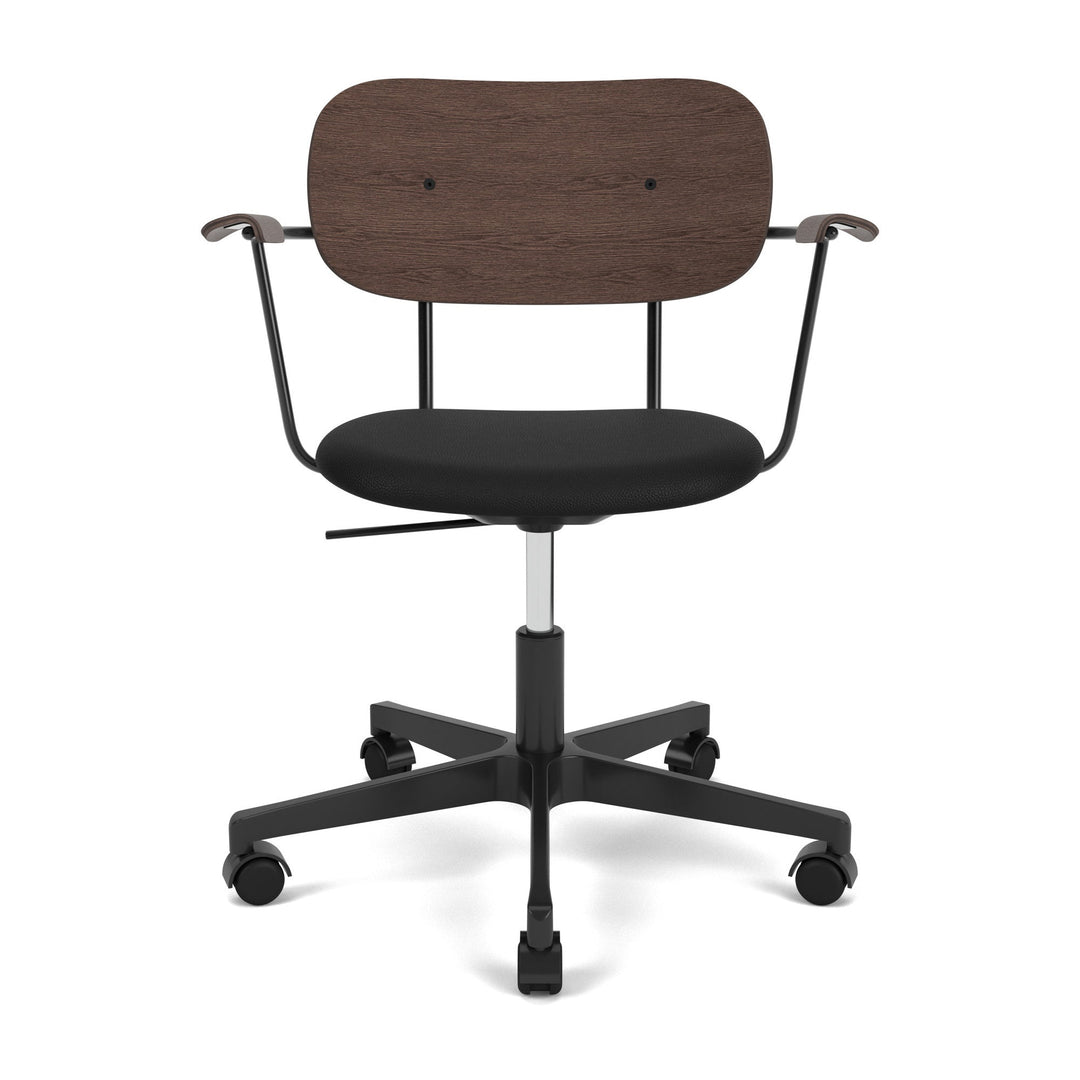 Co Seat Upholstered Task Chair with Armrest Chairs Audo Copenhagen 1001 - Sierra Black Leather / Black with Dark Stained Oak Arm and Back