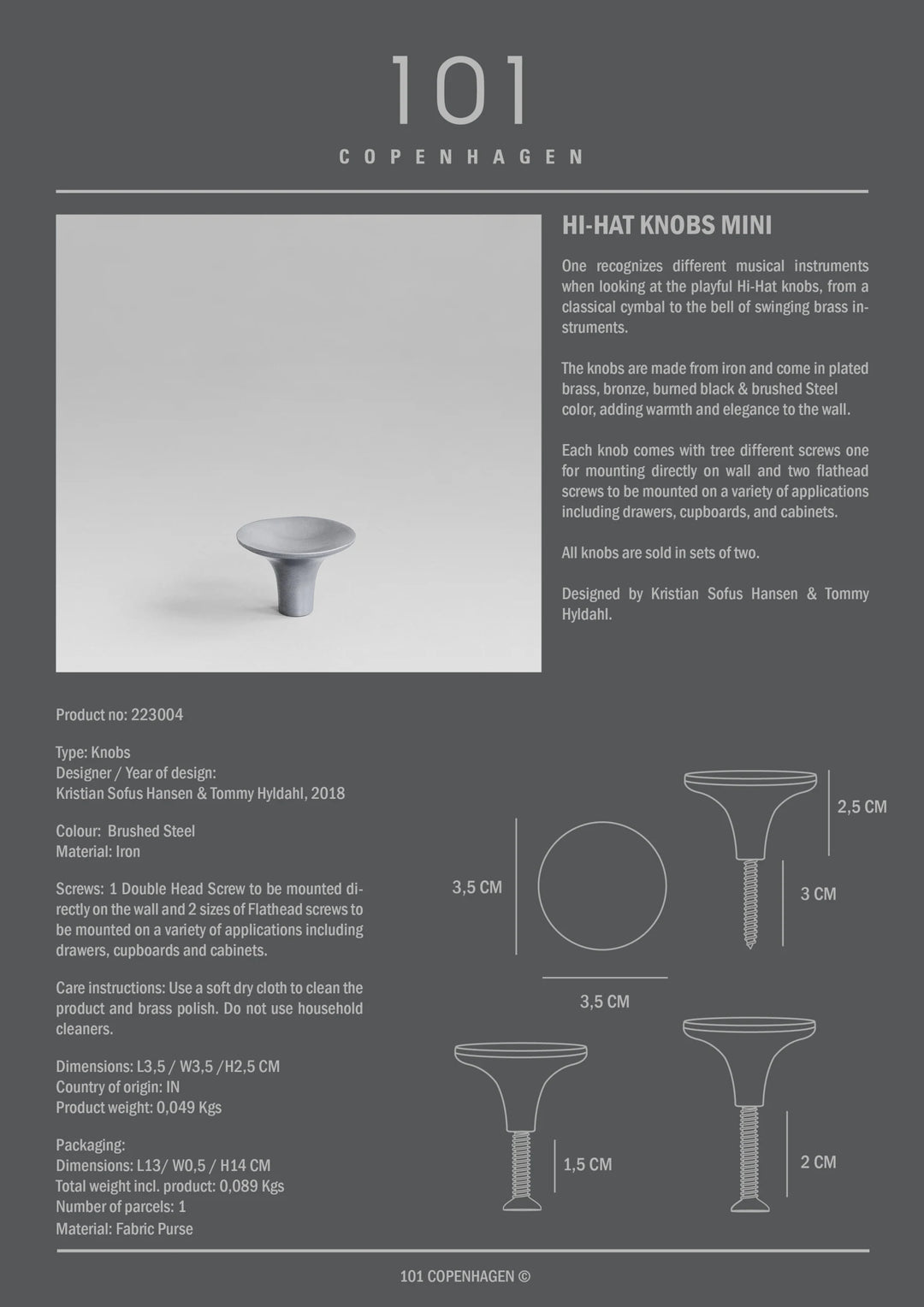 HiHat Knobs, Mini - Brushed Steel Knobs 101 Copenhagen   