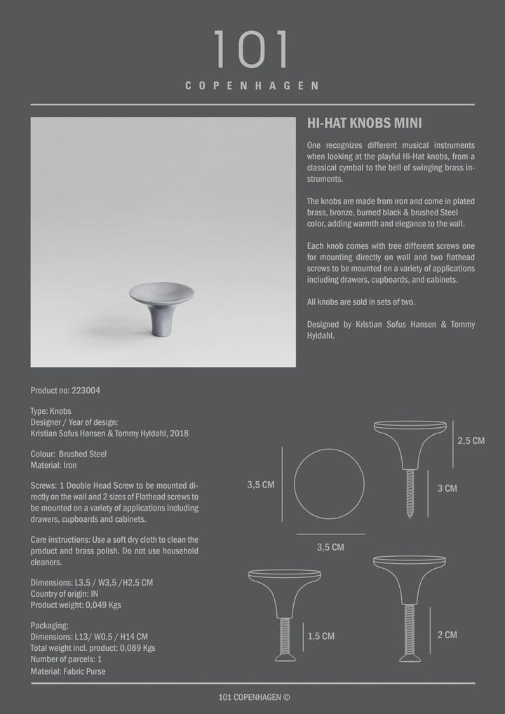 HiHat Knobs, Mini - Brushed Steel Knobs 101 Copenhagen   