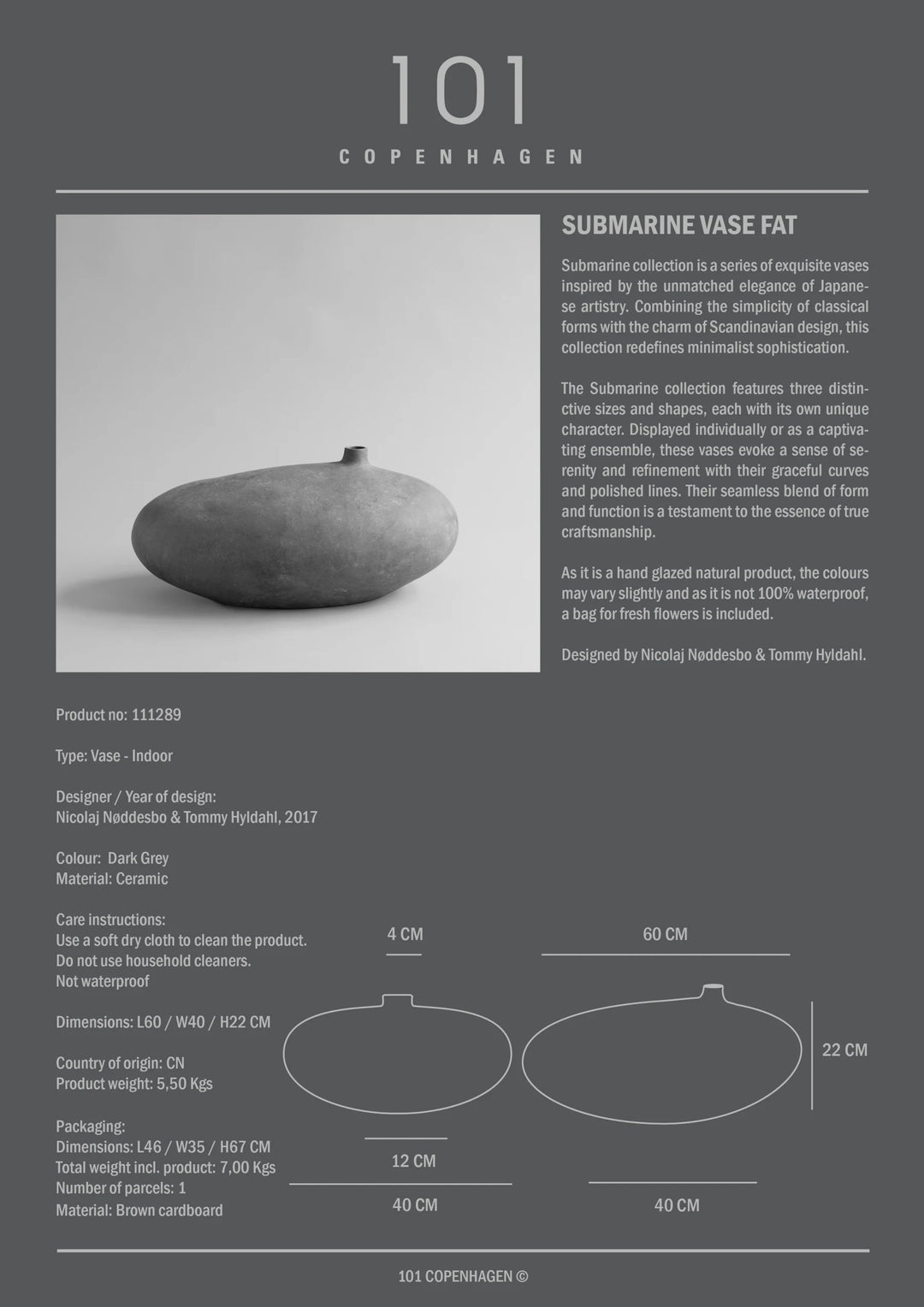 Submarine Vase, Fat - Dark grey Vases 101 Copenhagen   