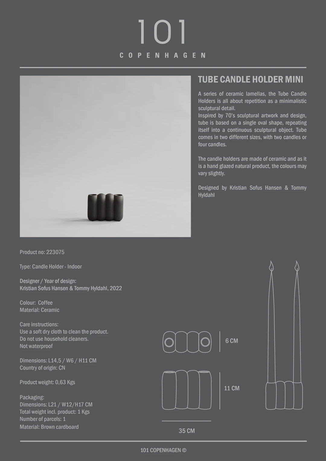 Tube Candle Holder, Mini - Coffee Candle Holder 101 Copenhagen   