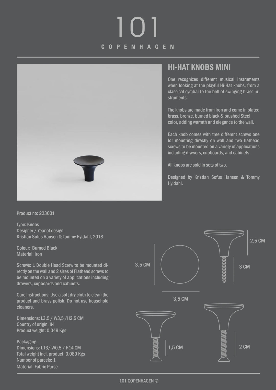 HiHat Knobs, Mini - Burned Black Knobs 101 Copenhagen   