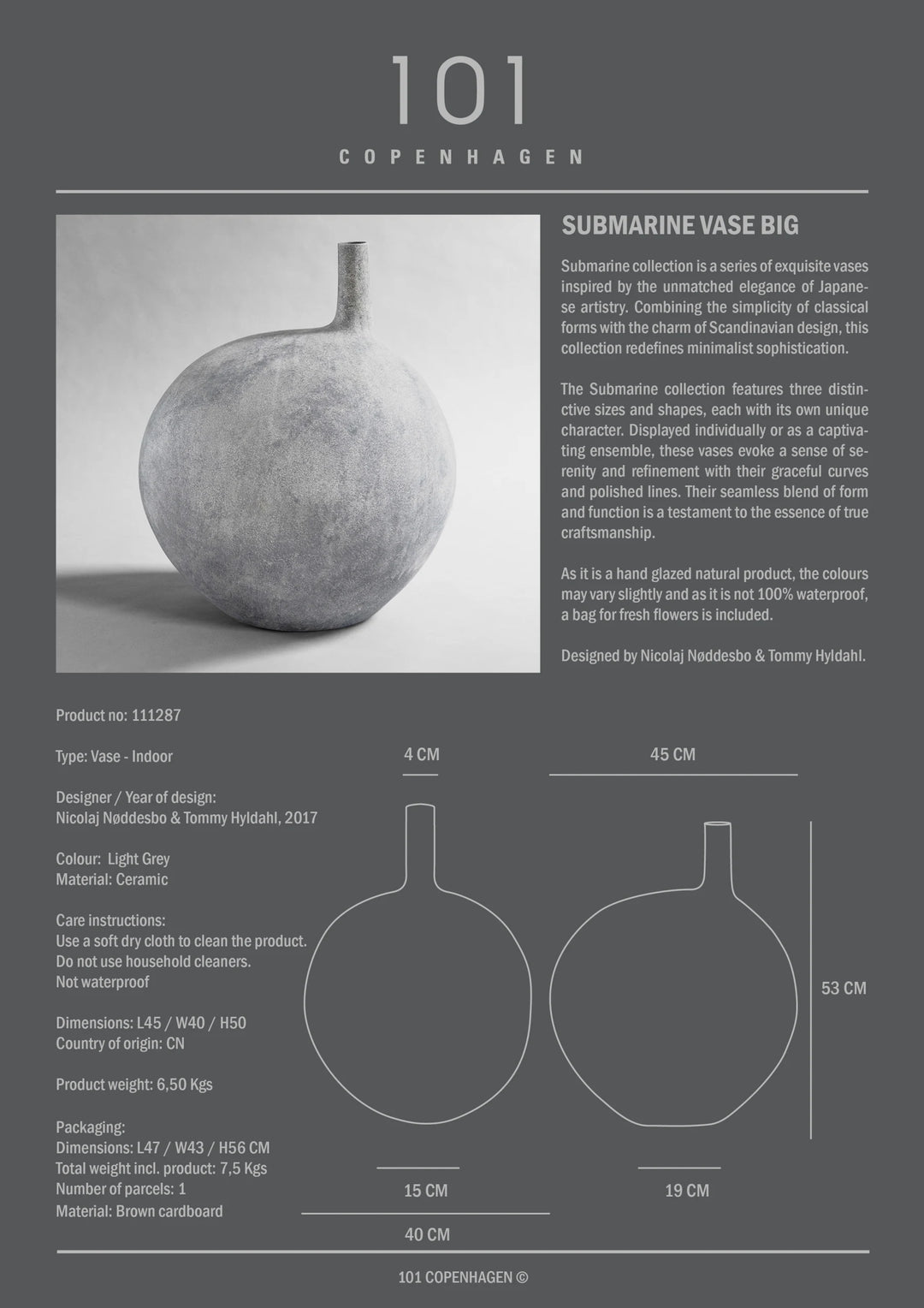 Submarine Vase, Big - Light Grey Vases 101 Copenhagen   