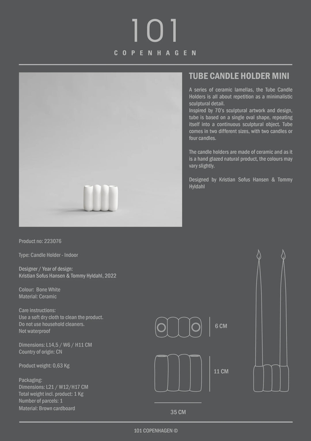 Tube Candle Holder, Mini - Bone White Candle Holder 101 Copenhagen   