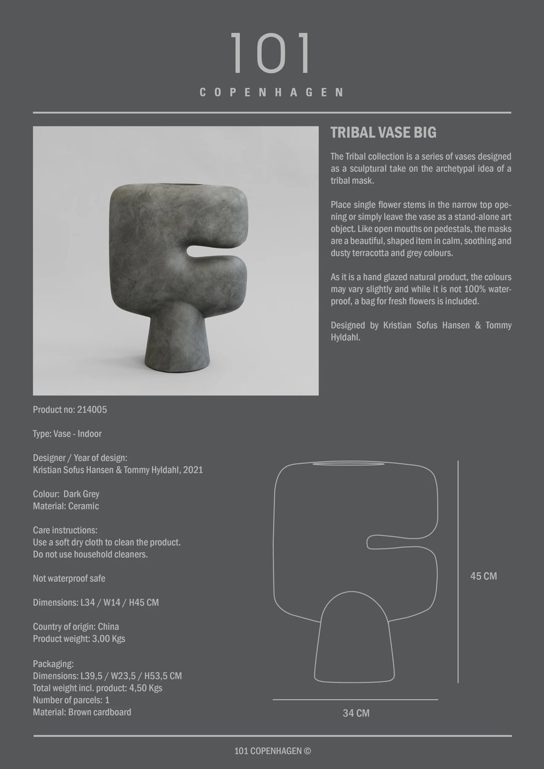 Tribal Vase, Big - Dark Grey Vases 101 Copenhagen   