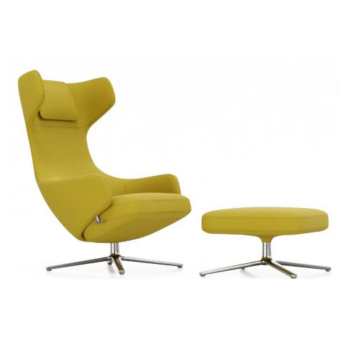 Grand Repos Lounge Chair and Ottoman Vitra Dumet Yellow Melange Polished Aluminum