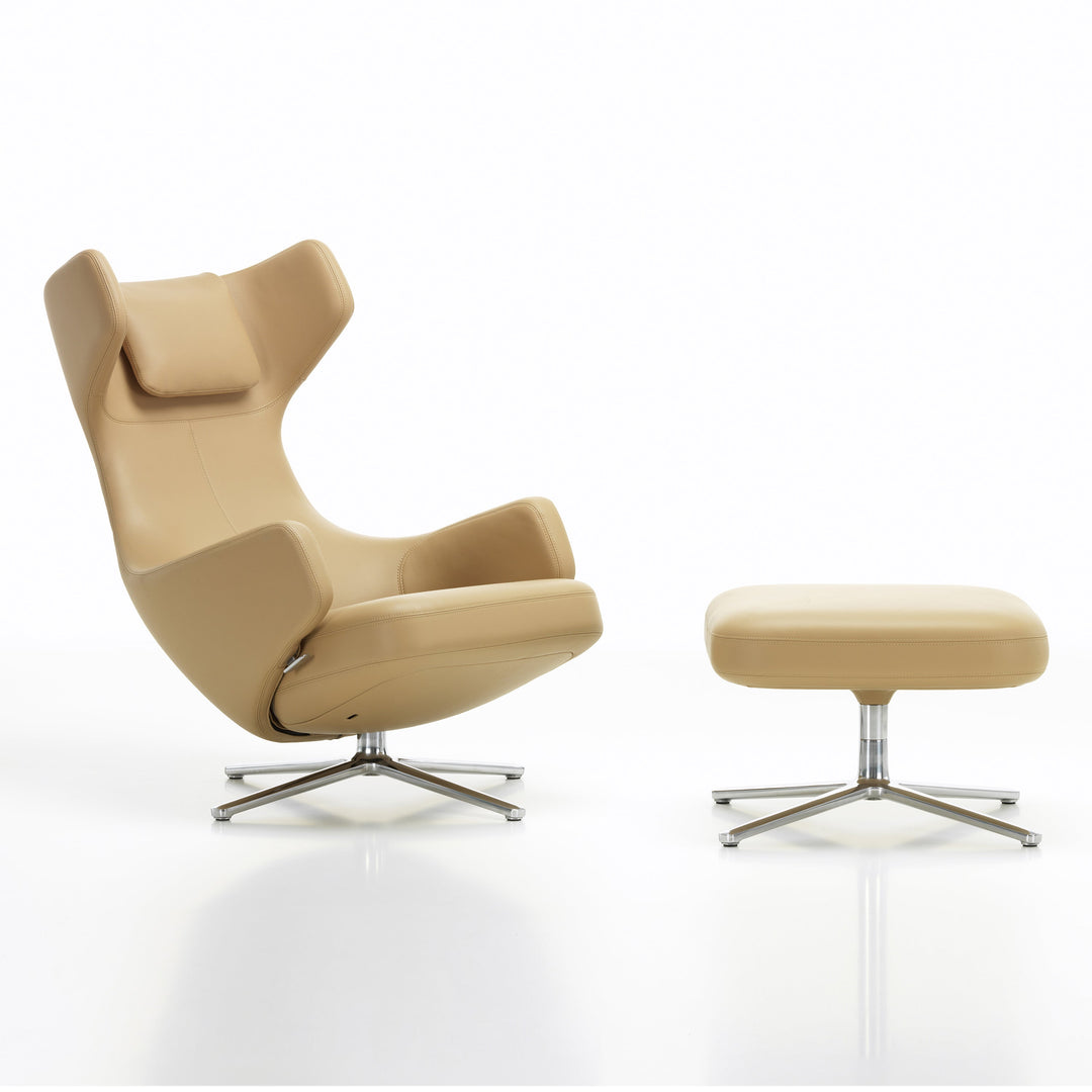 Grand Repos Lounge Chair and Ottoman Vitra Leather Camel Polished Aluminum