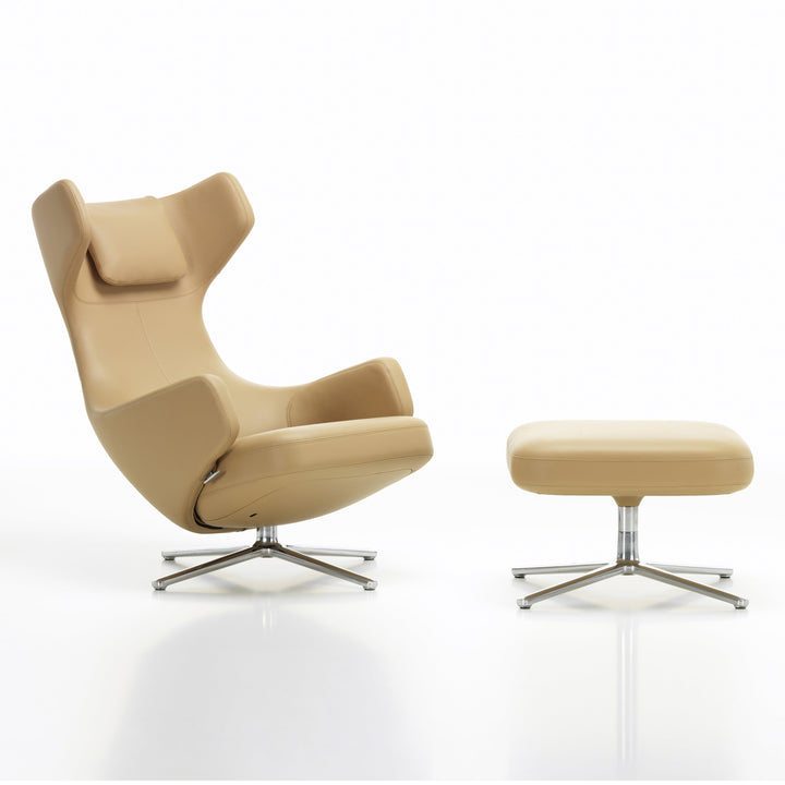 Grand Repos Lounge Chair and Ottoman Vitra Leather Camel Polished Aluminum