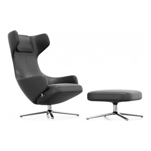 Grand Repos Lounge Chair and Ottoman Vitra Leather Nero Polished Aluminum