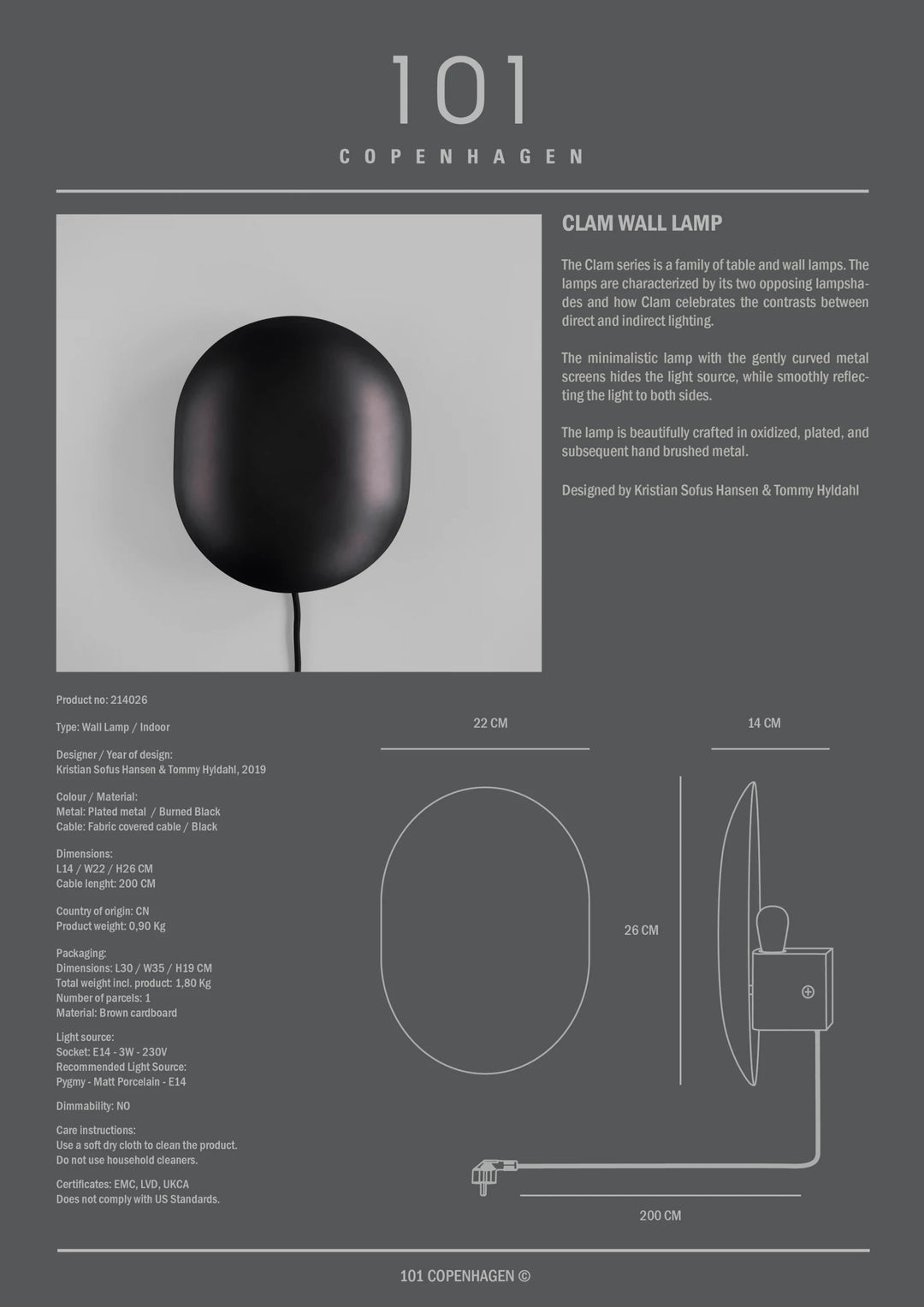Clam Wall Lamp - Burned Black Lamps 101 Copenhagen   