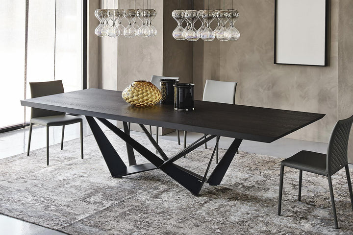 Skorpio Wood Dining Table Kitchen & Dining Room Tables Cattelan Italia Live edge: 78¾"W × 39½"D Burned Oak Textured Black / Textured Graphite